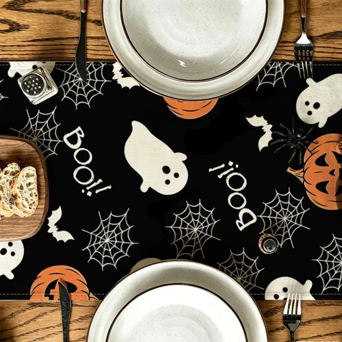 Halloween Table Runner Boo Spooky Ghost Pumpkin 13"x72", Black