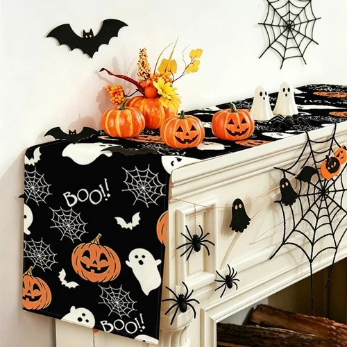 Halloween Table Runner Boo Spooky Ghost Pumpkin 13"x72", Black