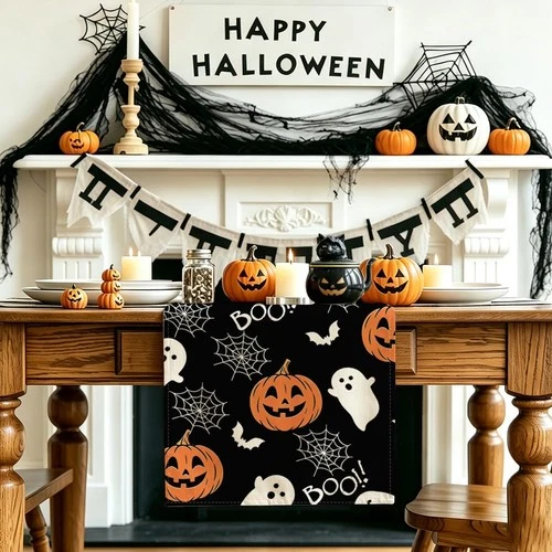 Halloween Table Runner Boo Spooky Ghost Pumpkin 13"x72", Black