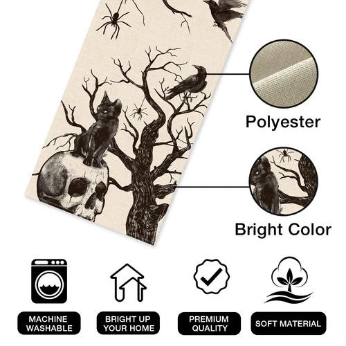 Seliem Halloween Gothic Skull Black Cat Table Runner