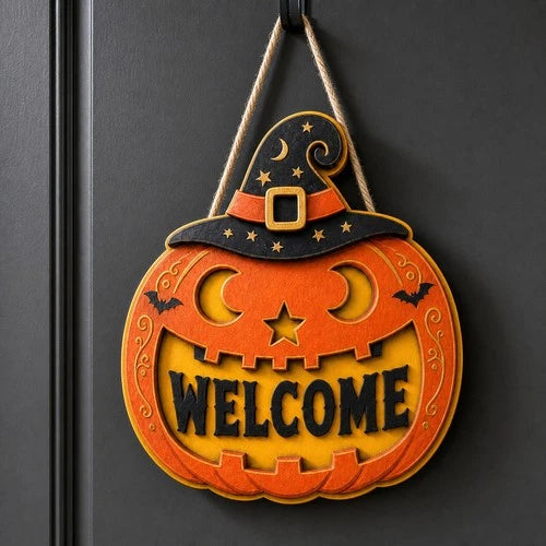 Welcome Sign Jack O Lantern Witch Hat Door Hanger Halloween Decor