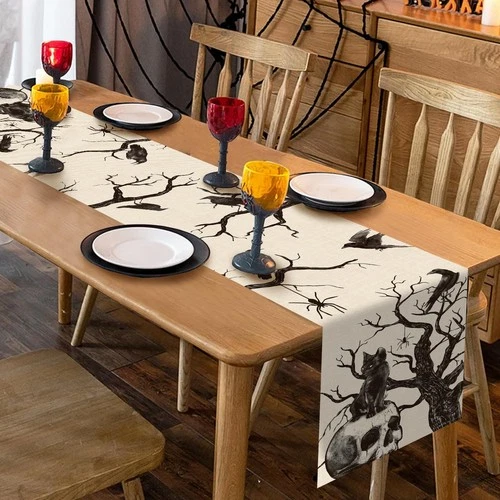 Seliem Halloween Gothic Skull Black Cat Table Runner