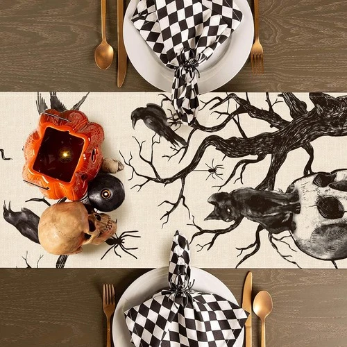Seliem Halloween Gothic Skull Black Cat Table Runner