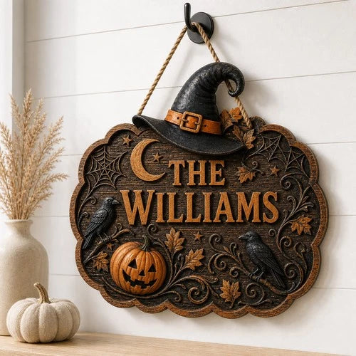 Personalized Halloween Door Sign Custom Name Wood Entry Decor