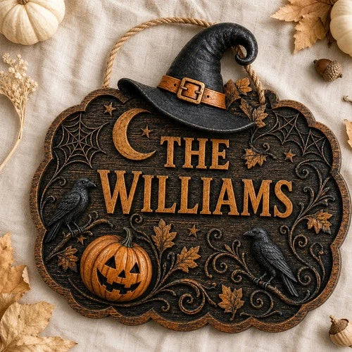 Personalized Halloween Door Sign Custom Name Wood Entry Decor