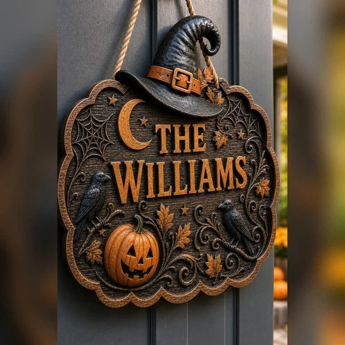 Personalized Halloween Door Sign Custom Name Wood Entry Decor