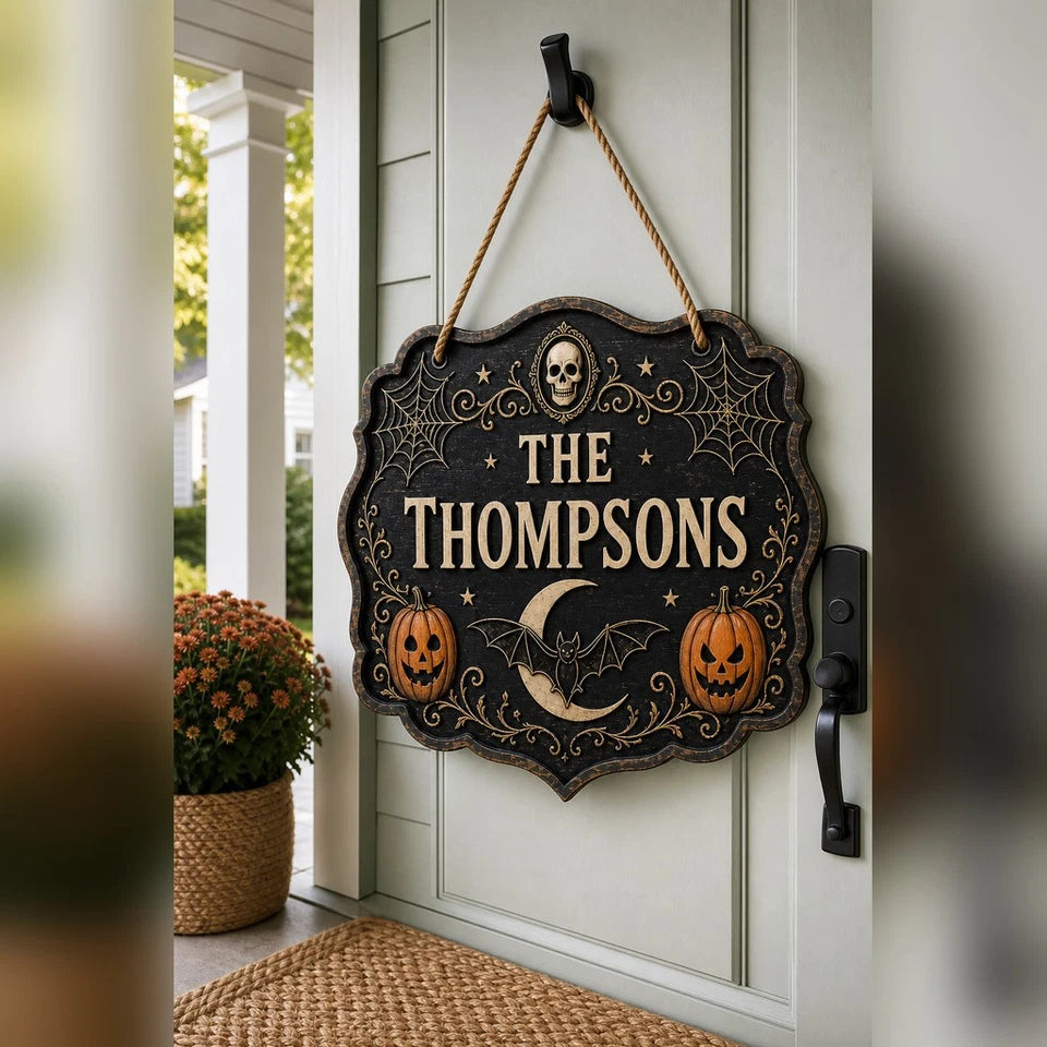 Door Sign Personalized Halloween Wood Entry Plaque Spooky Home Decor