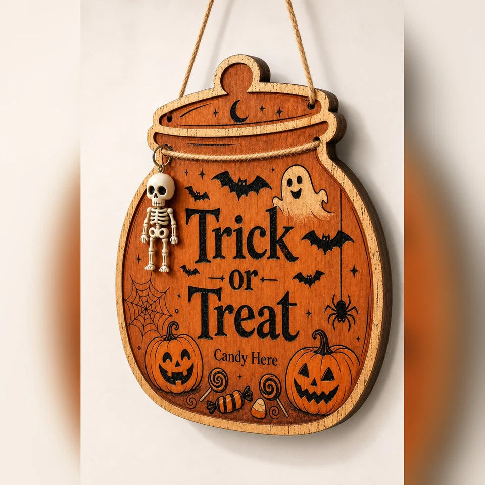 Halloween Door Sign Trick or Treat Wooden Porch Hanger Decor