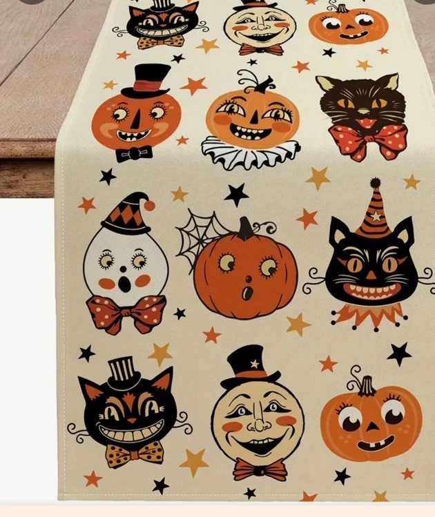 Vintage Appeal Halloween Table Runner Whimsical Pumpkins & Black Cats