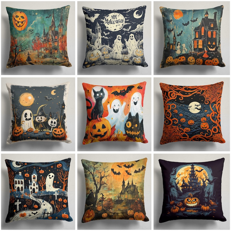 Spooky Halloween Pillow Cover, Haunted House Ghost & Pumpkin Throw Pillows, Fall Home Decor, Custom Size Cushion Covers