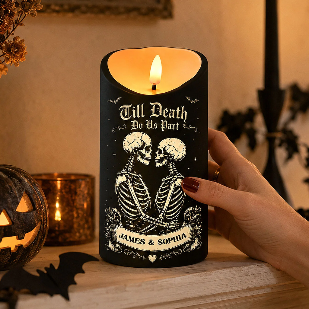 💀 Till Death Do Us Part Personalized LED Candle – Skeleton Couple Halloween Decor, Gothic Couple Gift 🖤🎃