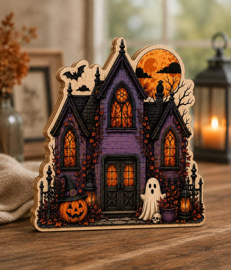 Halloween Haunted House Wooden Block, Spooky Ghost & Pumpkin Decor, Witchy Gothic Tabletop Sign, Rustic Fall Shelf Sitter, Halloween Home Decor